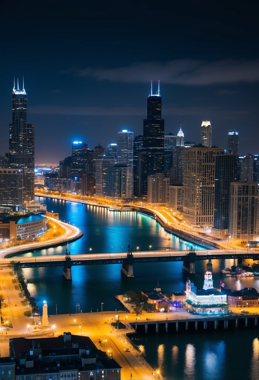 A cityscape of Chicago at night with glowing skyscrapers, illuminated bridges over the Chicago River, bustling streets with colorful lights, and the iconic Navy Pier lit up against the dark sky