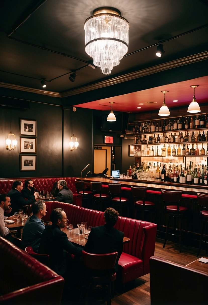 A dimly lit jazz club with a cozy stage, red leather booths, and a vintage bar. The room is filled with the smooth sound of live jazz music, and the audience is captivated by the performance