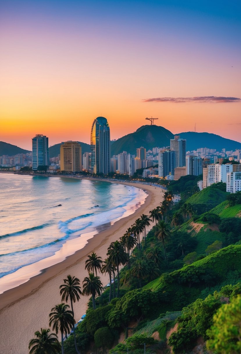 Vibrant sunset over Rio's iconic skyline, with palm trees swaying along the sandy coastline and colorful buildings nestled against lush green hills