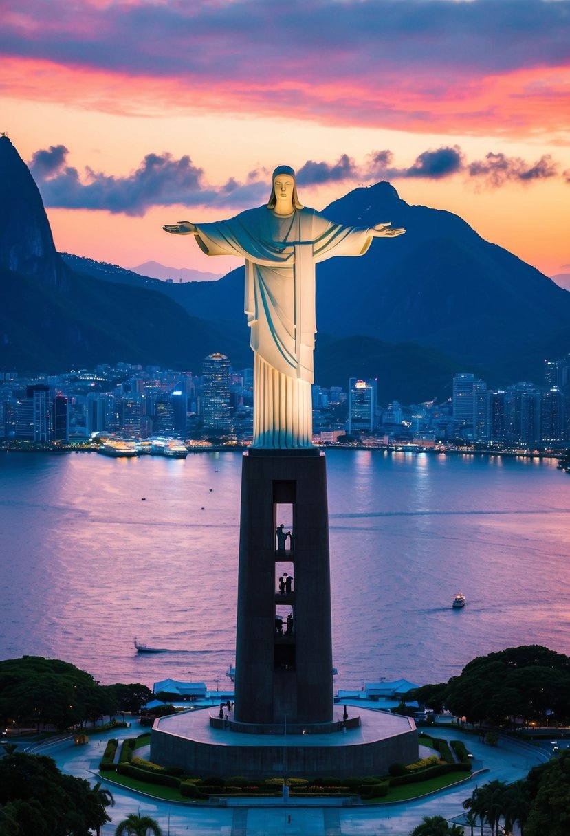 A vibrant sunset over the iconic Christ the Redeemer statue, with lush green mountains and the sparkling waters of Guanabara Bay in the background