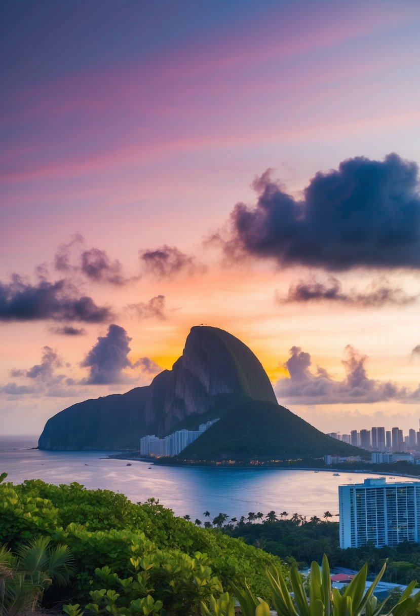 A colorful sunset over the iconic Sugarloaf Mountain, with lush tropical vegetation and the city skyline in the background