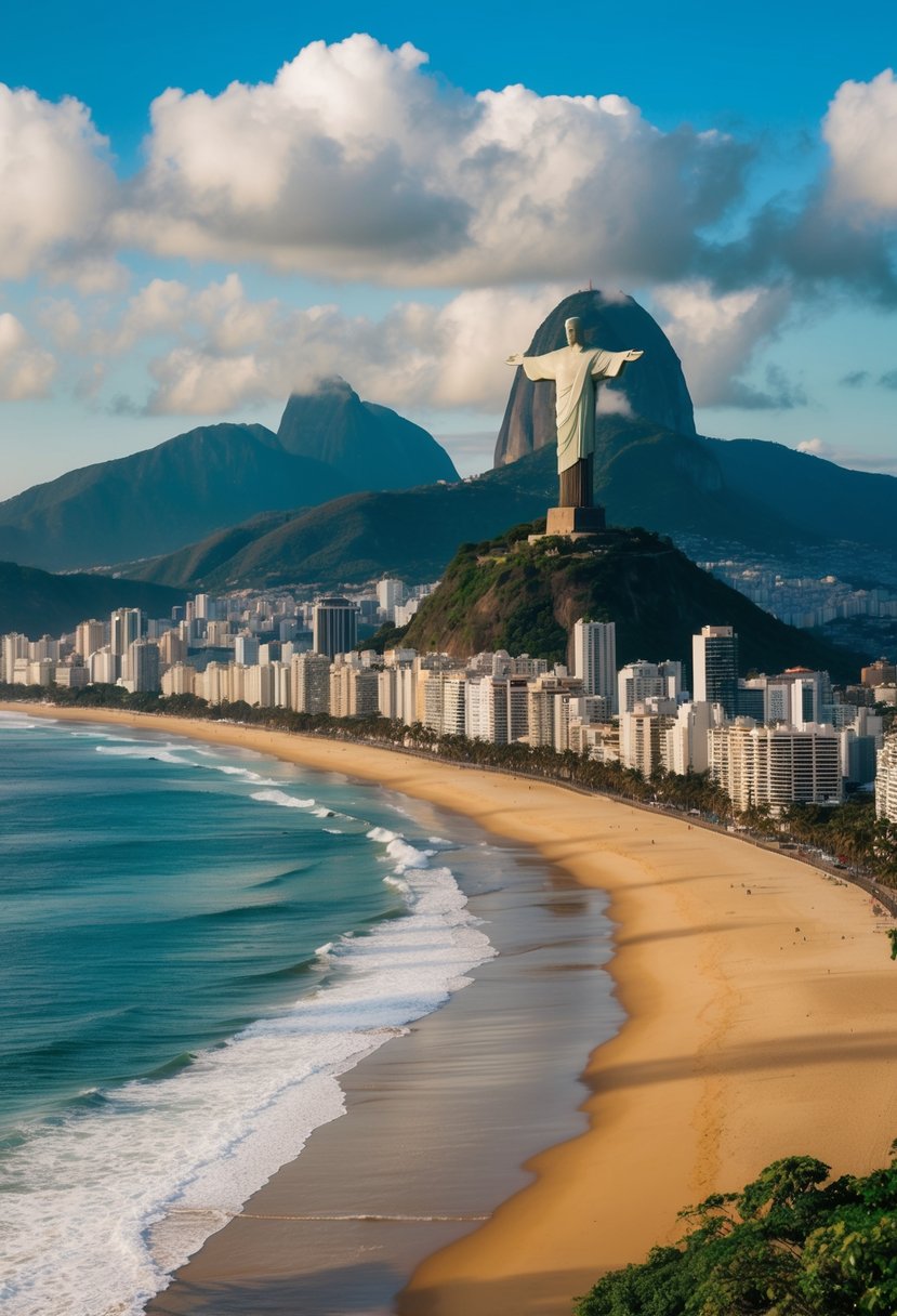 The golden beaches of Rio de Janeiro stretch along the coast, framed by lush mountains and the iconic Christ the Redeemer statue overlooking the city