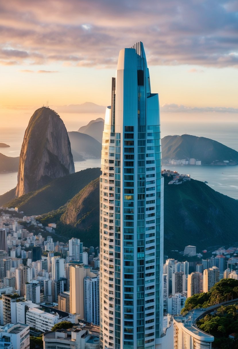 A modernist skyscraper rises against the backdrop of Rio de Janeiro's lush mountains and vibrant cityscape