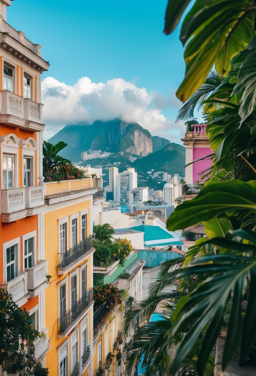 The vibrant colors of Rio de Janeiro's architecture and lush tropical foliage create a lively and dynamic aesthetic