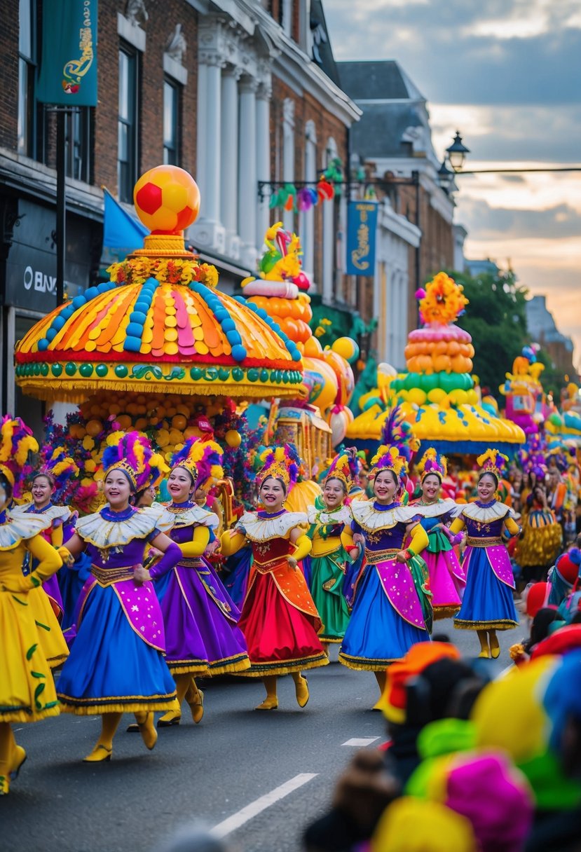 Vibrant floats and dancers in elaborate costumes fill the streets, surrounded by lively music and cheering crowds