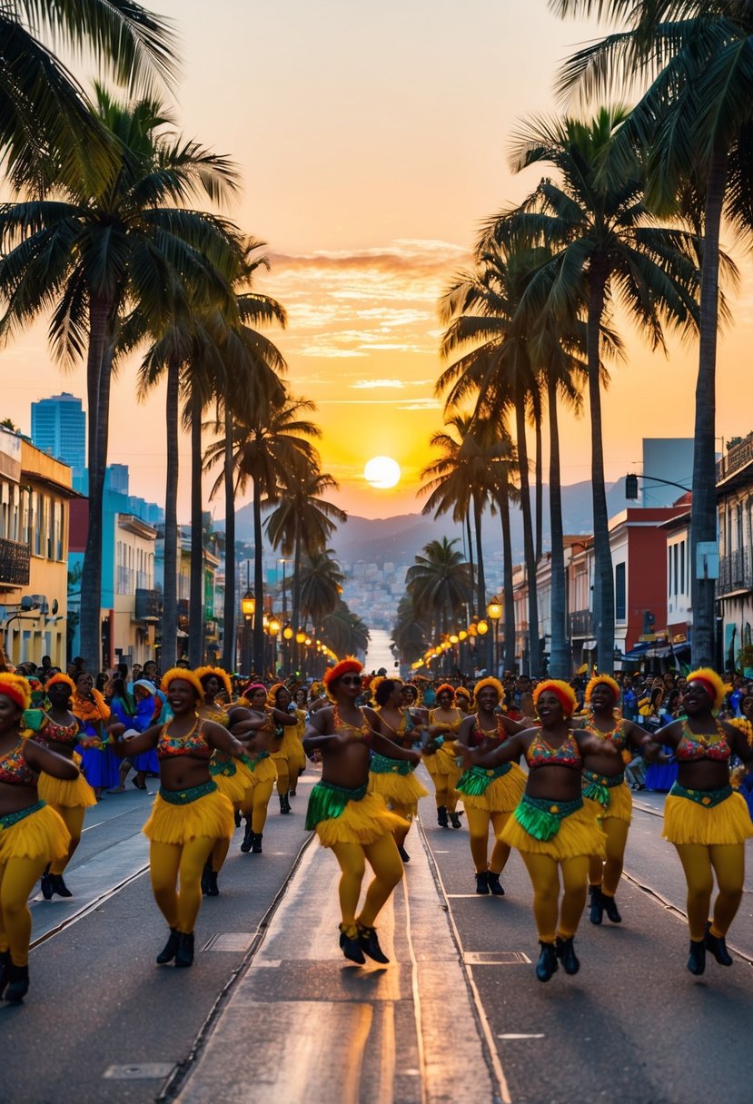 Colorful streets alive with samba beats, vibrant dancers, and swaying palm trees under the warm glow of the setting sun in Rio de Janeiro