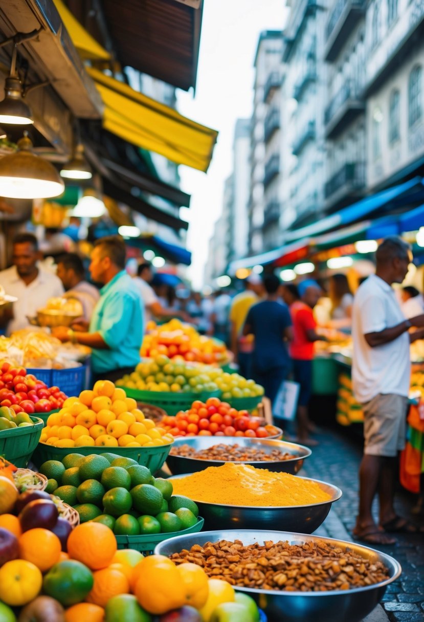 A bustling street market filled with colorful fruits, sizzling street food, and the vibrant energy of Rio de Janeiro