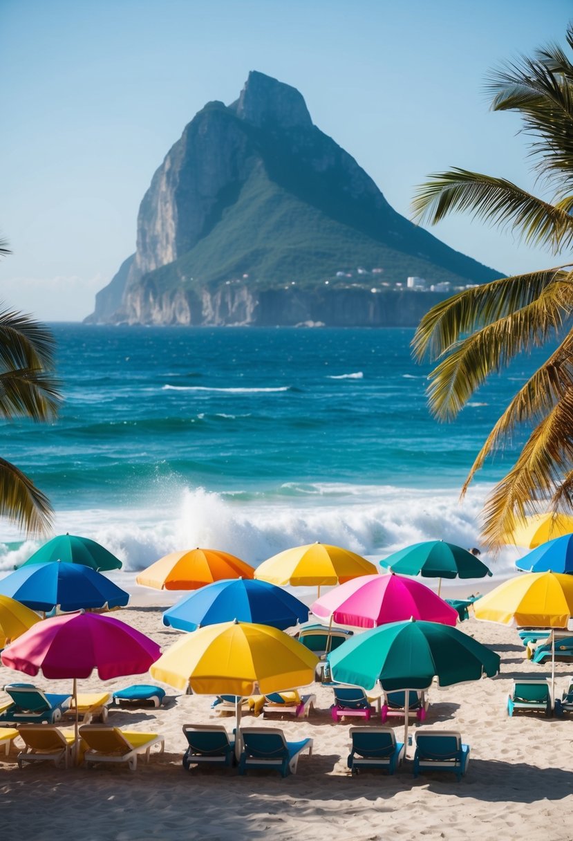 A vibrant beach scene with colorful umbrellas, palm trees, and the iconic Sugarloaf Mountain in the background. The sun is shining and the ocean waves are crashing onto the shore