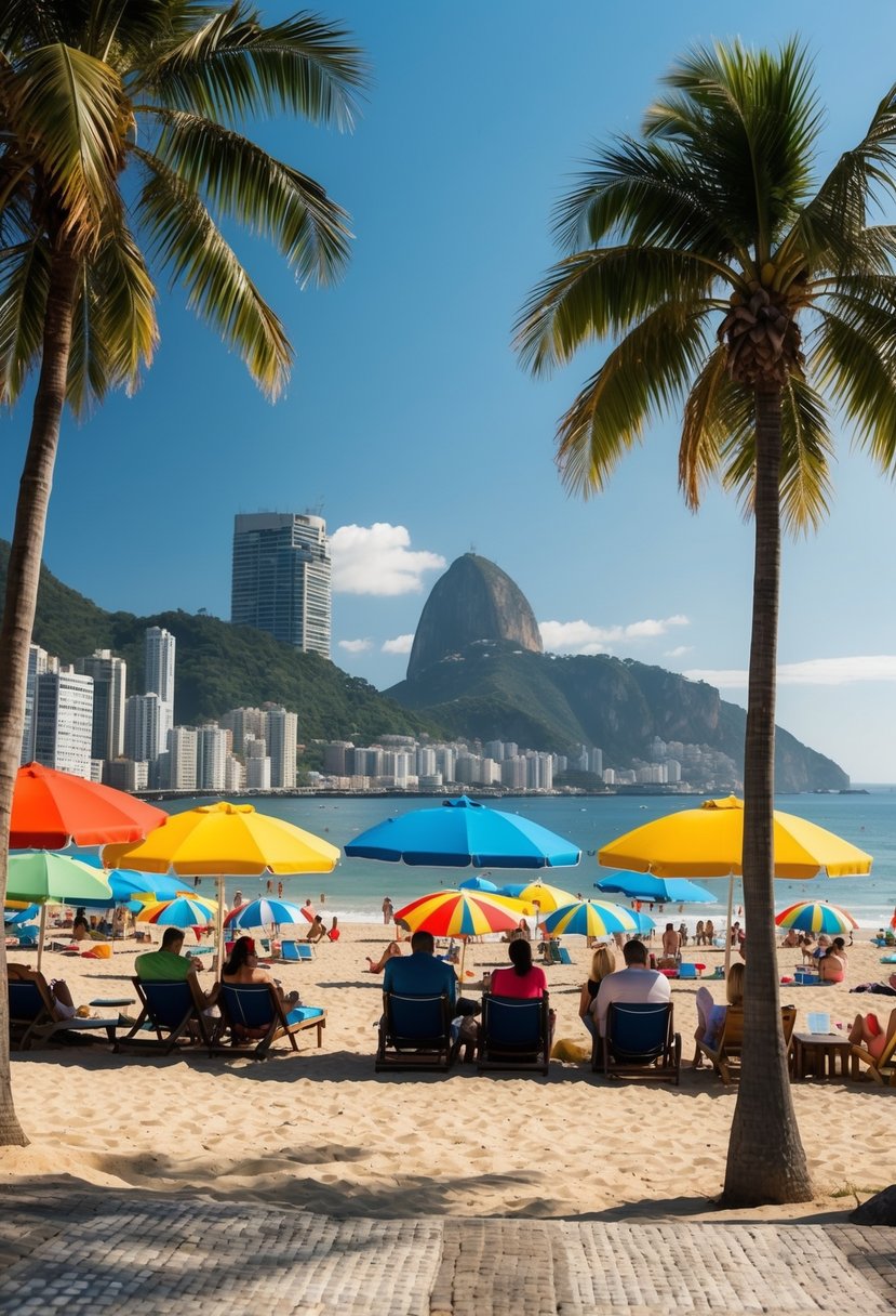 Vibrant Rio de Janeiro: A sunny beach scene with palm trees, colorful umbrellas, and people enjoying the warm weather