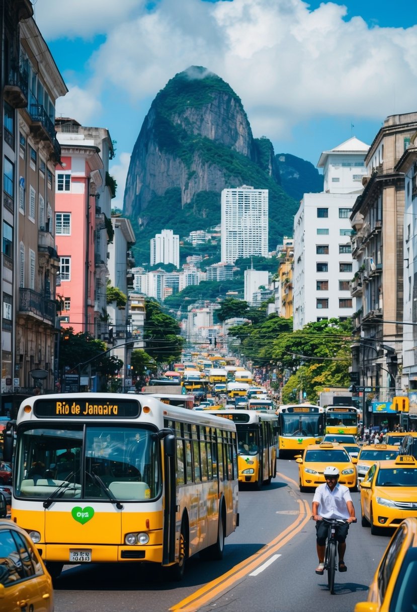 A bustling city street with iconic Rio de Janeiro transportation, including buses, taxis, and bicycles, against a backdrop of colorful buildings and lush green mountains