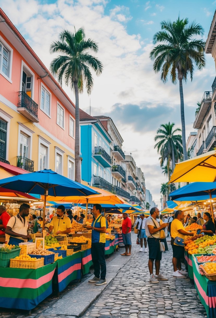 A colorful street market in Rio de Janeiro, with vibrant buildings, palm trees, and locals engaging in respectful and informed travel etiquette