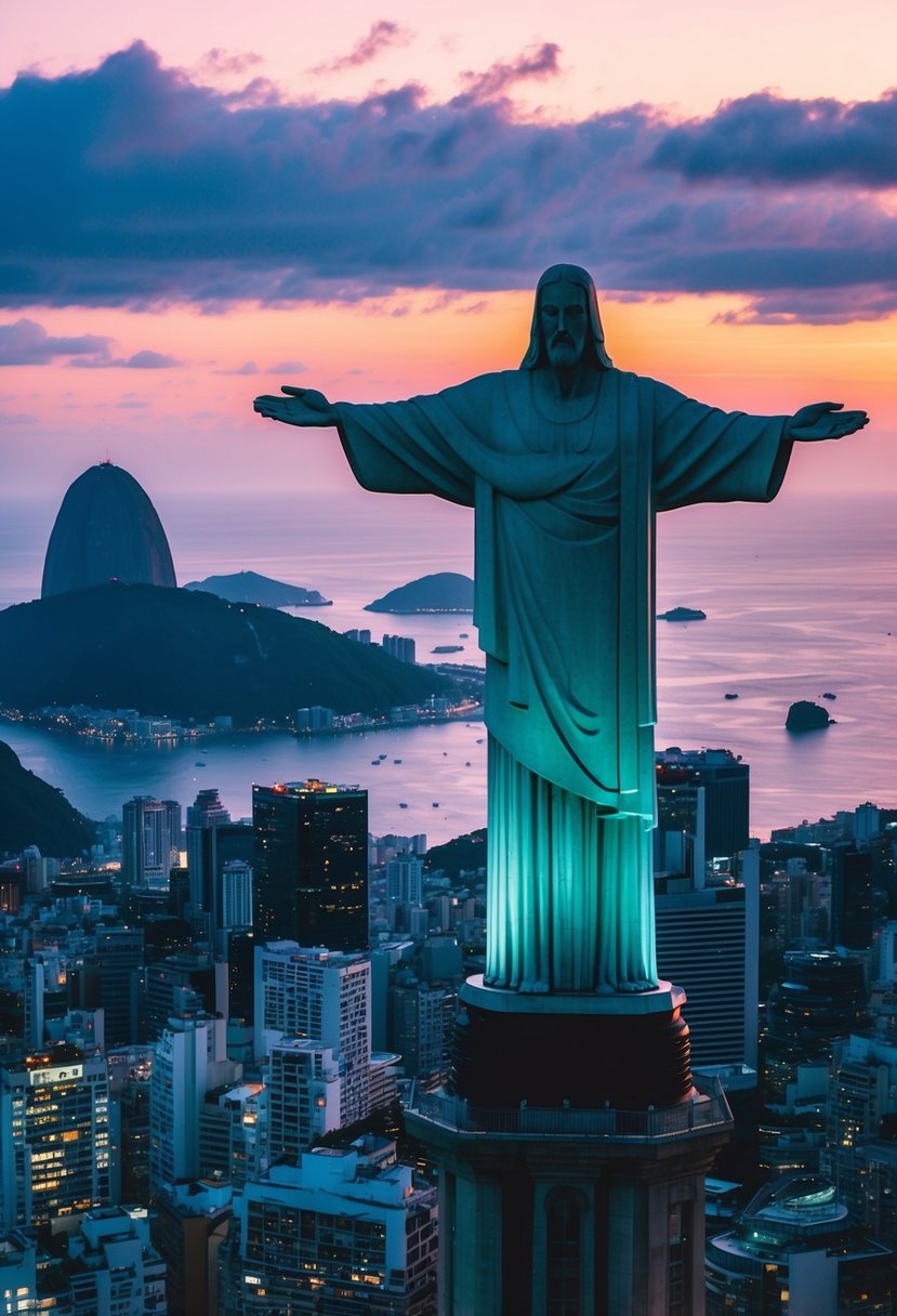 A colorful sunset over Rio de Janeiro's iconic skyline, with the Christ the Redeemer statue standing tall against the vibrant cityscape