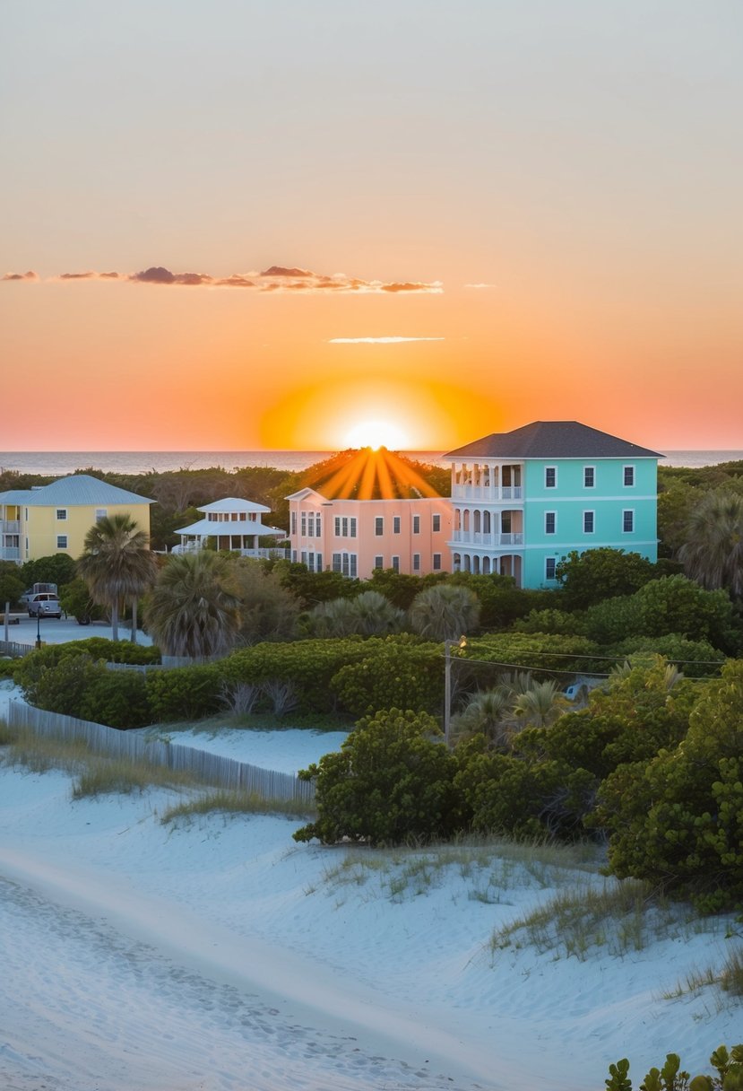 The sun sets over the pristine white sand beach, casting a warm glow on the pastel-colored buildings and lush greenery of Rosemary Beach, Florida