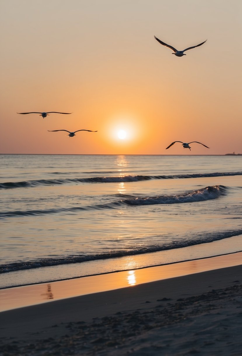 The sun sets over the calm, sandy beach. Gentle waves roll onto the shore, while seagulls soar in the clear sky