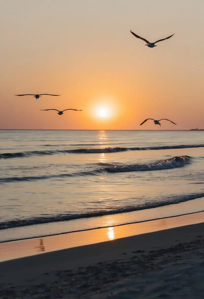 The sun sets over the calm, sandy beach. Gentle waves roll onto the shore, while seagulls soar in the clear sky