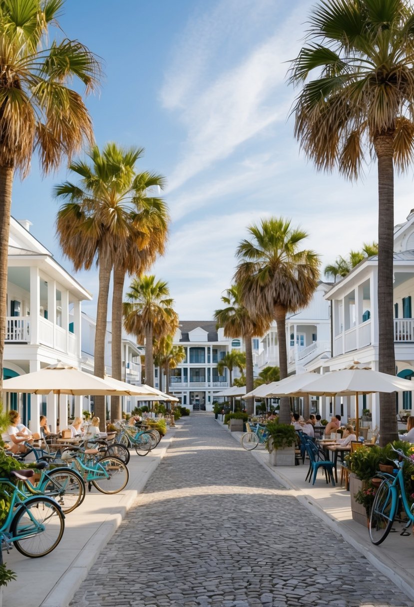 A serene beach community with white buildings, palm trees, and cobblestone streets. Bicycles and outdoor dining add to the lively yet relaxed atmosphere