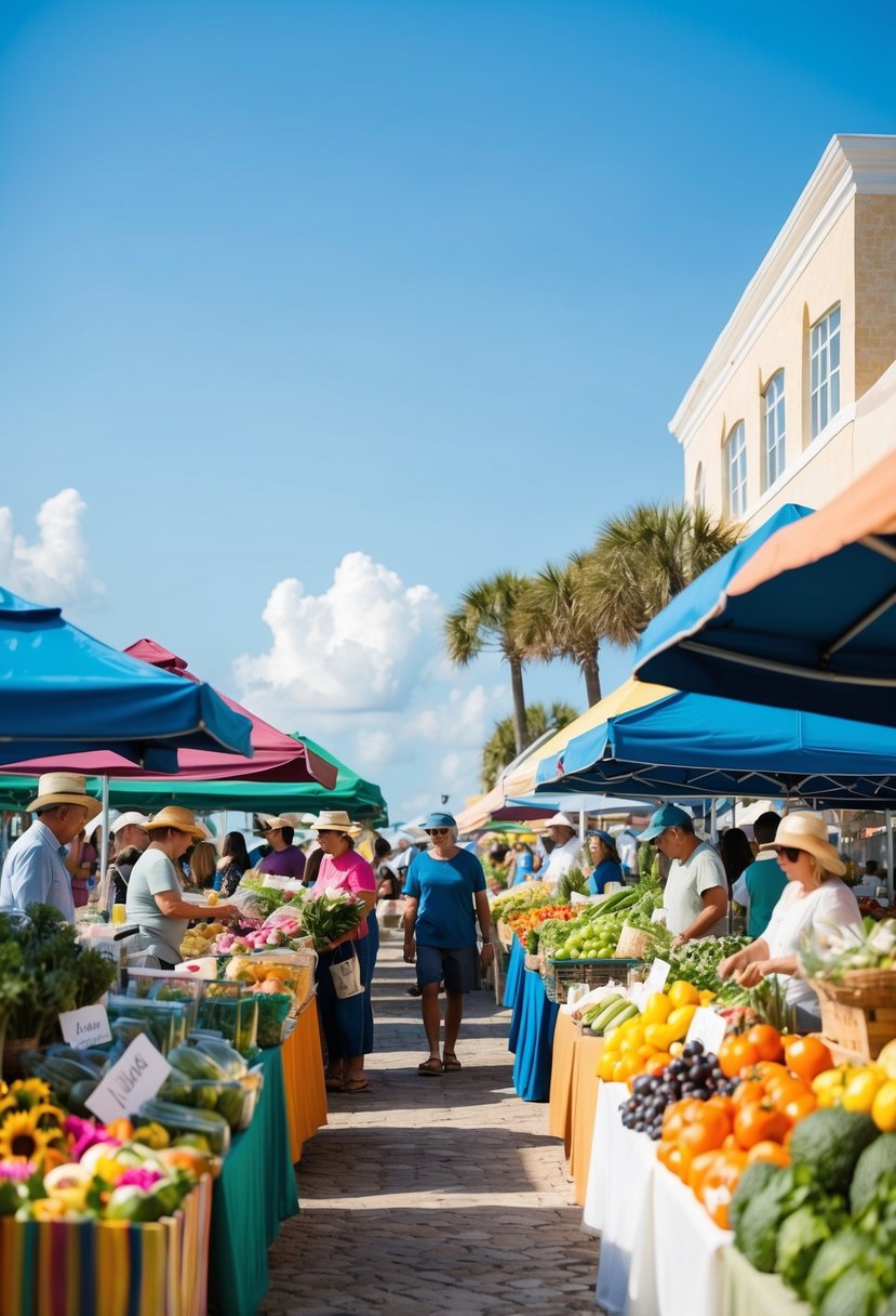 A bustling farmers' market with colorful stalls selling fresh produce, flowers, and artisanal goods under a bright blue sky in Rosemary Beach, Florida