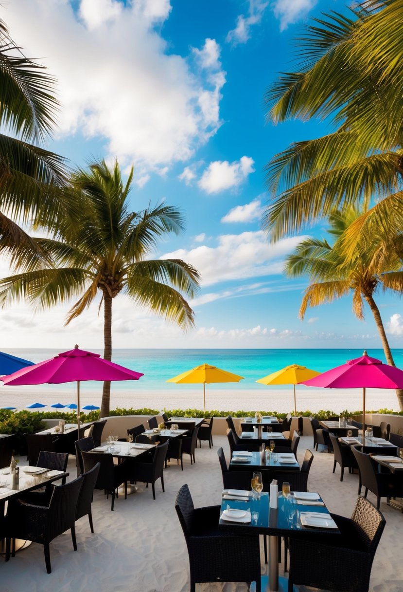 A bustling restaurant with outdoor seating, surrounded by palm trees and colorful beach umbrellas, overlooking a pristine white sand beach and turquoise ocean