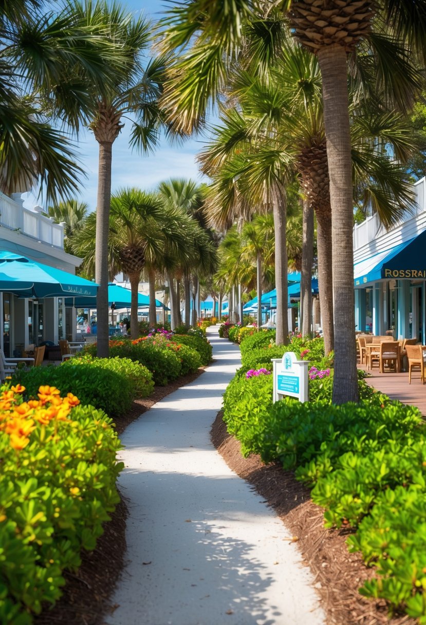 A winding trail through Rosemary Beach, Florida, lined with lush greenery and colorful flowers, leading to charming shops and cafes