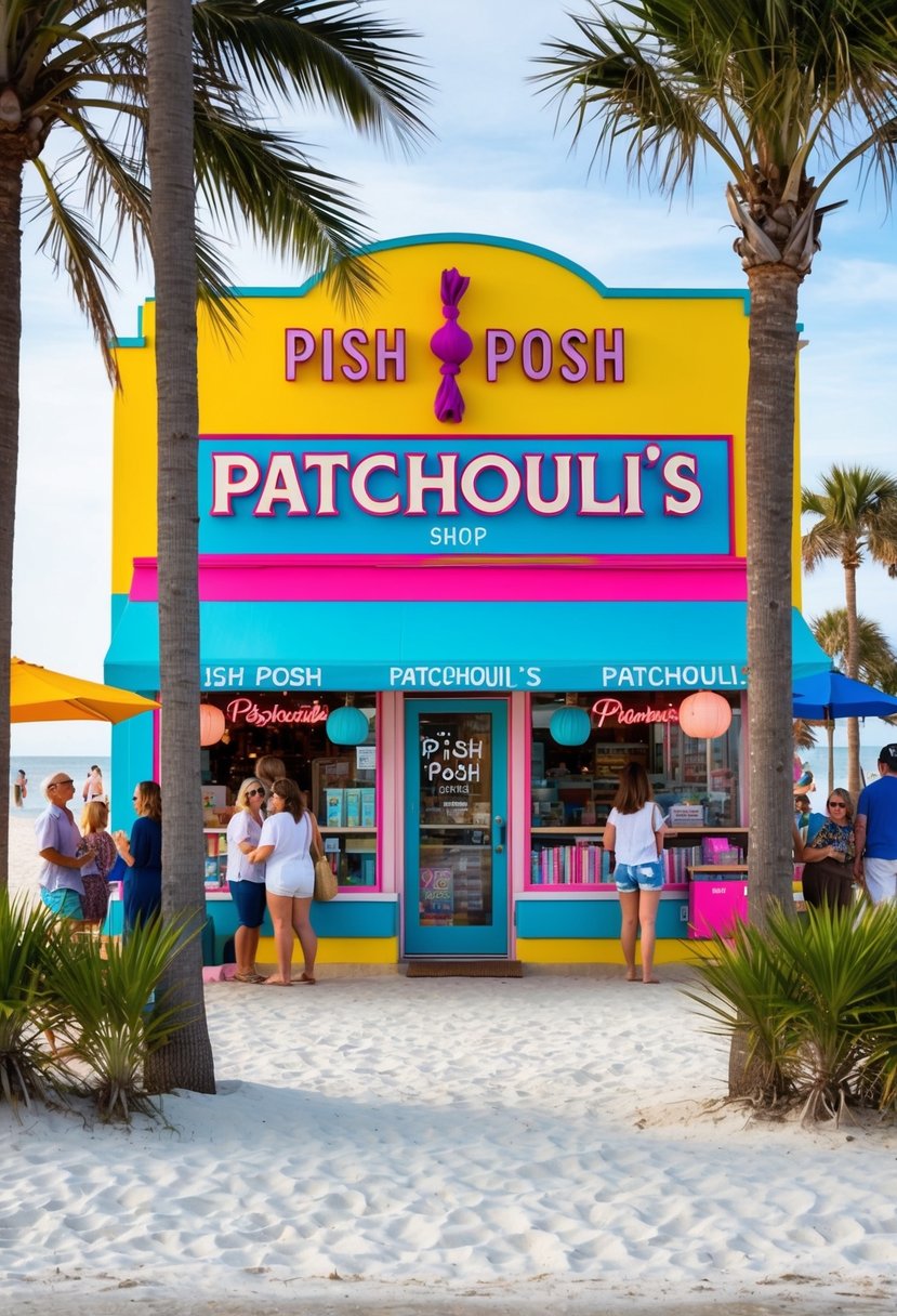 A colorful beachfront shop with a sign reading "Pish Posh Patchouli's" surrounded by palm trees and beachgoers in Rosemary Beach, Florida in 2024