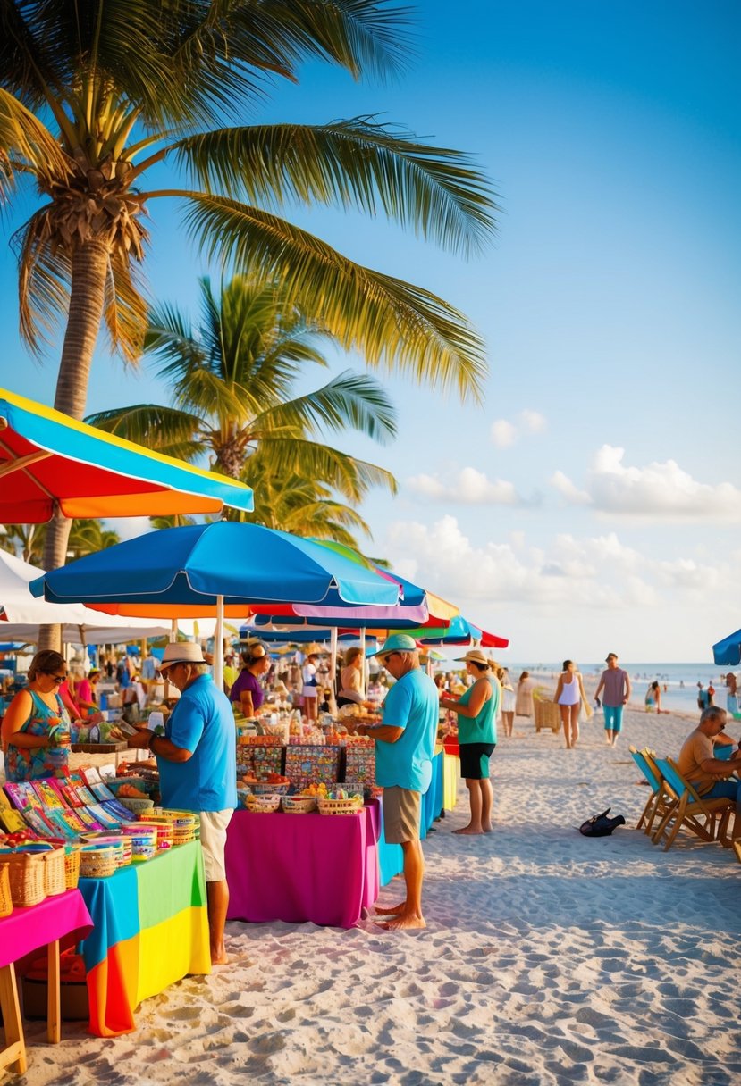 Colorful beachfront market with vendors selling local crafts, surrounded by palm trees and beachgoers enjoying the sun and ocean