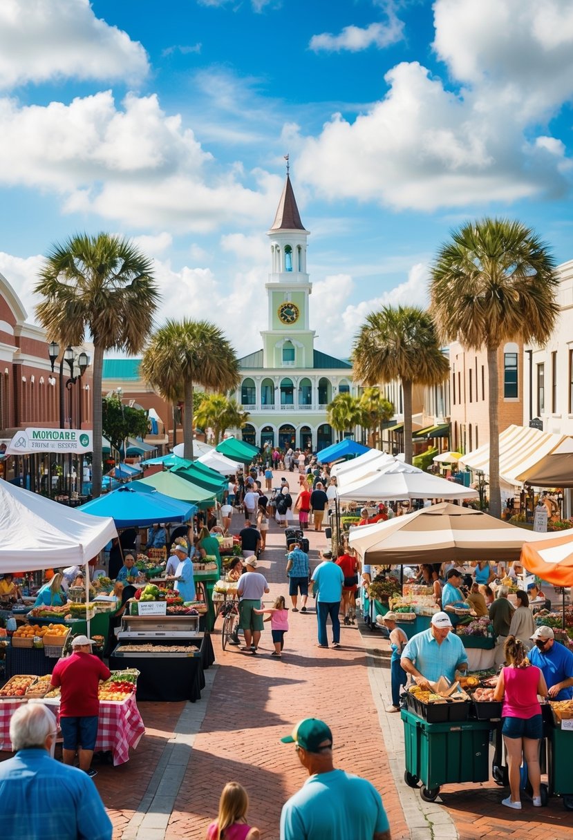 A bustling town square in Rosemary Beach, Florida, filled with a farmers market, live music, food vendors, and families enjoying the sunny weather