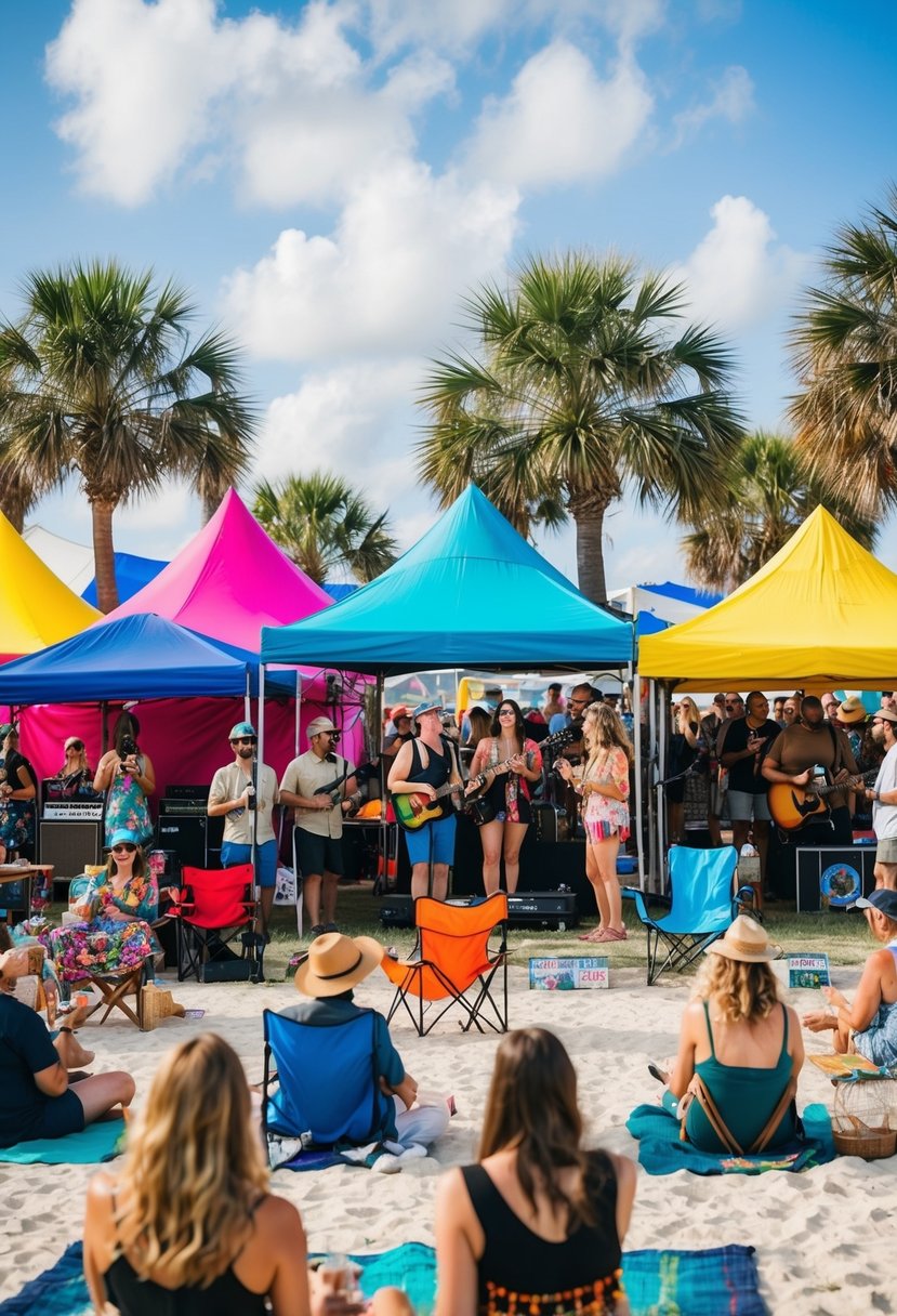 A vibrant art and music festival in Rosemary Beach, Florida, with colorful tents, live performances, and people enjoying the creative atmosphere