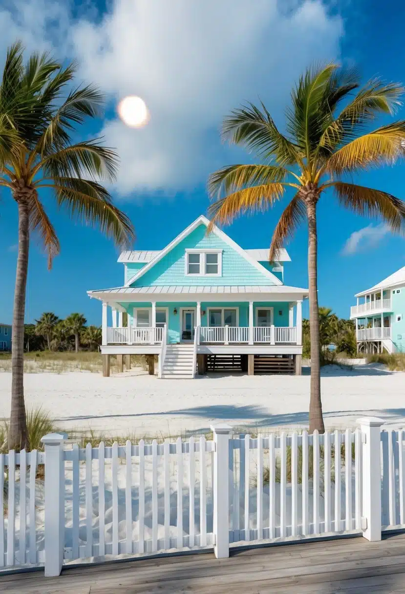 A Florida beach house with a white picket fence, palm trees, and a wooden deck overlooking the sandy shore and turquoise water