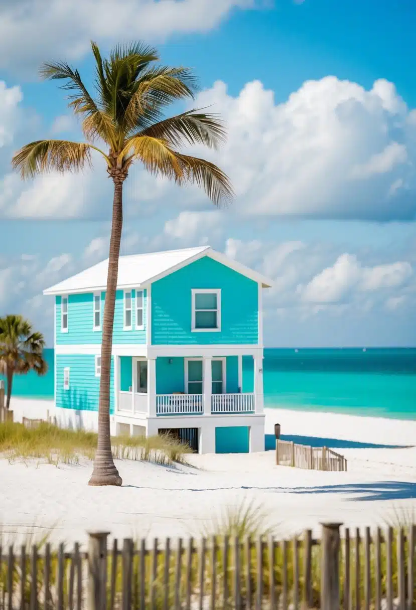 A Florida beach house with a palm tree, white sandy beach, and turquoise ocean
