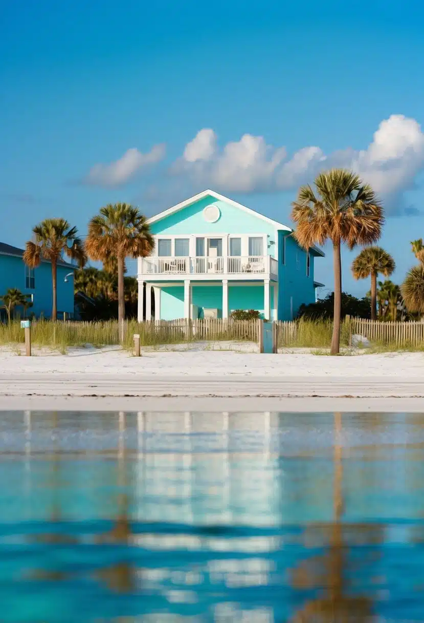 A beach house in Clearwater, Florida, with white sand, palm trees, and turquoise water