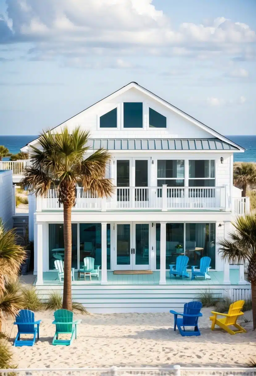 A beach house with a white exterior, large windows, and a spacious deck overlooking the ocean. Palm trees and colorful beach chairs dot the sandy yard