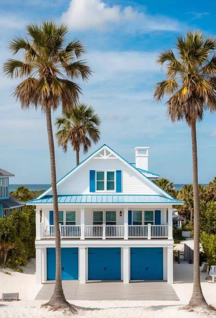 A Florida beach house with a white exterior, blue shutters, and a spacious deck overlooking the ocean. Palm trees and a sandy beach complete the scene