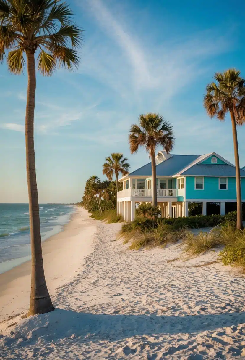 A beachfront Florida vacation rental with a cozy beach house overlooking the ocean, surrounded by palm trees and a sandy shore