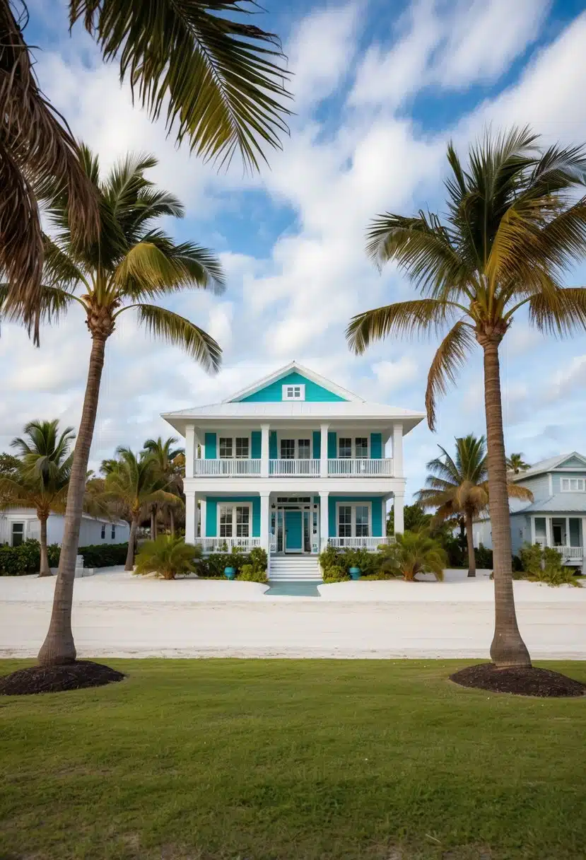 A Florida beach house with a spacious oceanfront view, surrounded by palm trees and a pristine sandy beach