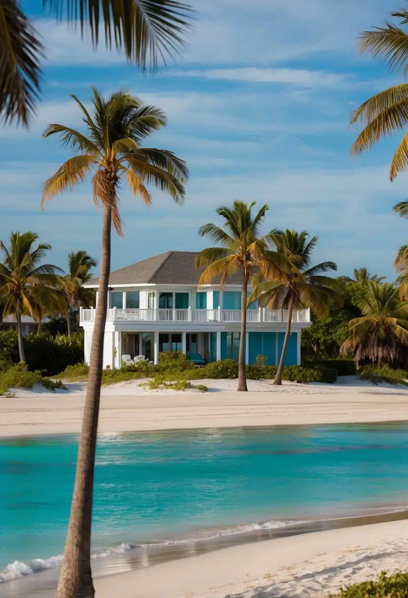 A cozy beach house nestled among palm trees, with a private stretch of sandy shore and clear blue waters of the Gulf of Mexico