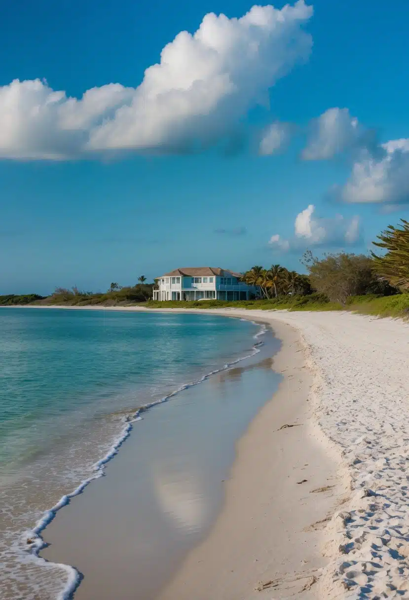 A spacious beach house in Stuart, FL with a wide, sandy shore and clear blue ocean stretching out to the horizon