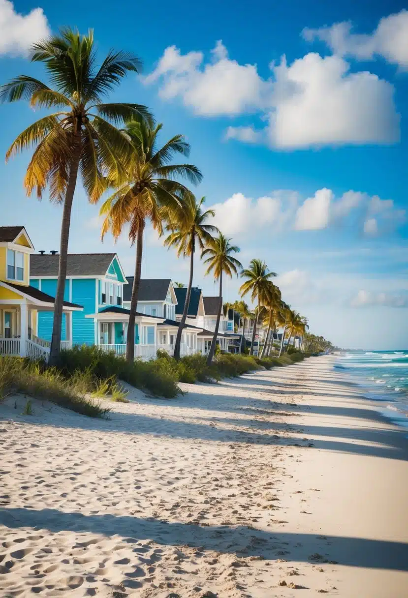 A row of colorful beachfront homes line the sandy shore, with palm trees swaying in the breeze and the sparkling ocean stretching out to the horizon