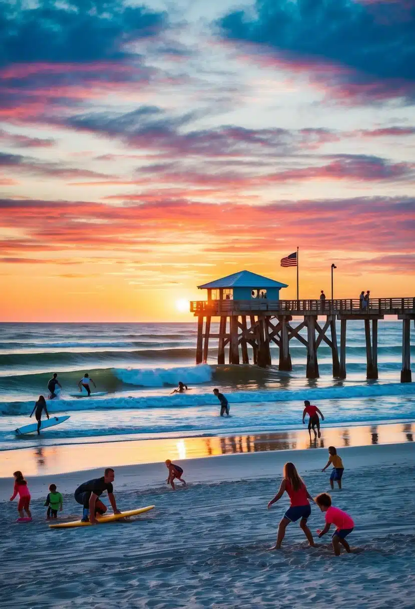 A colorful sunset over the Cocoa Beach pier, with surfers catching waves and families playing in the sand