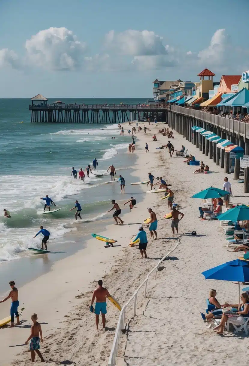 People surfing, playing beach volleyball, fishing, and sunbathing along the shore of Cocoa Beach. The pier stretches out into the ocean, with shops and restaurants lining the boardwalk