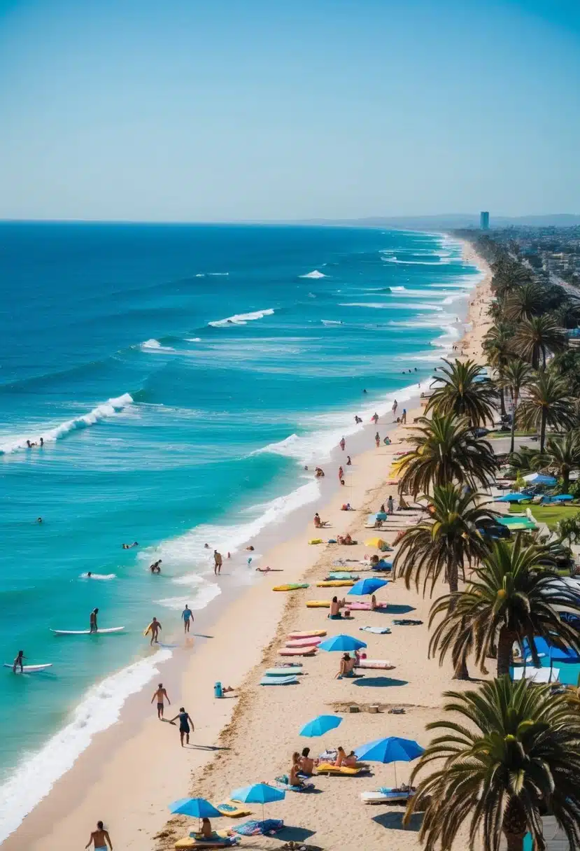 A vibrant beach scene with surfers, sunbathers, and palm trees lining the shore. The clear blue ocean stretches out to the horizon under a bright, sunny sky