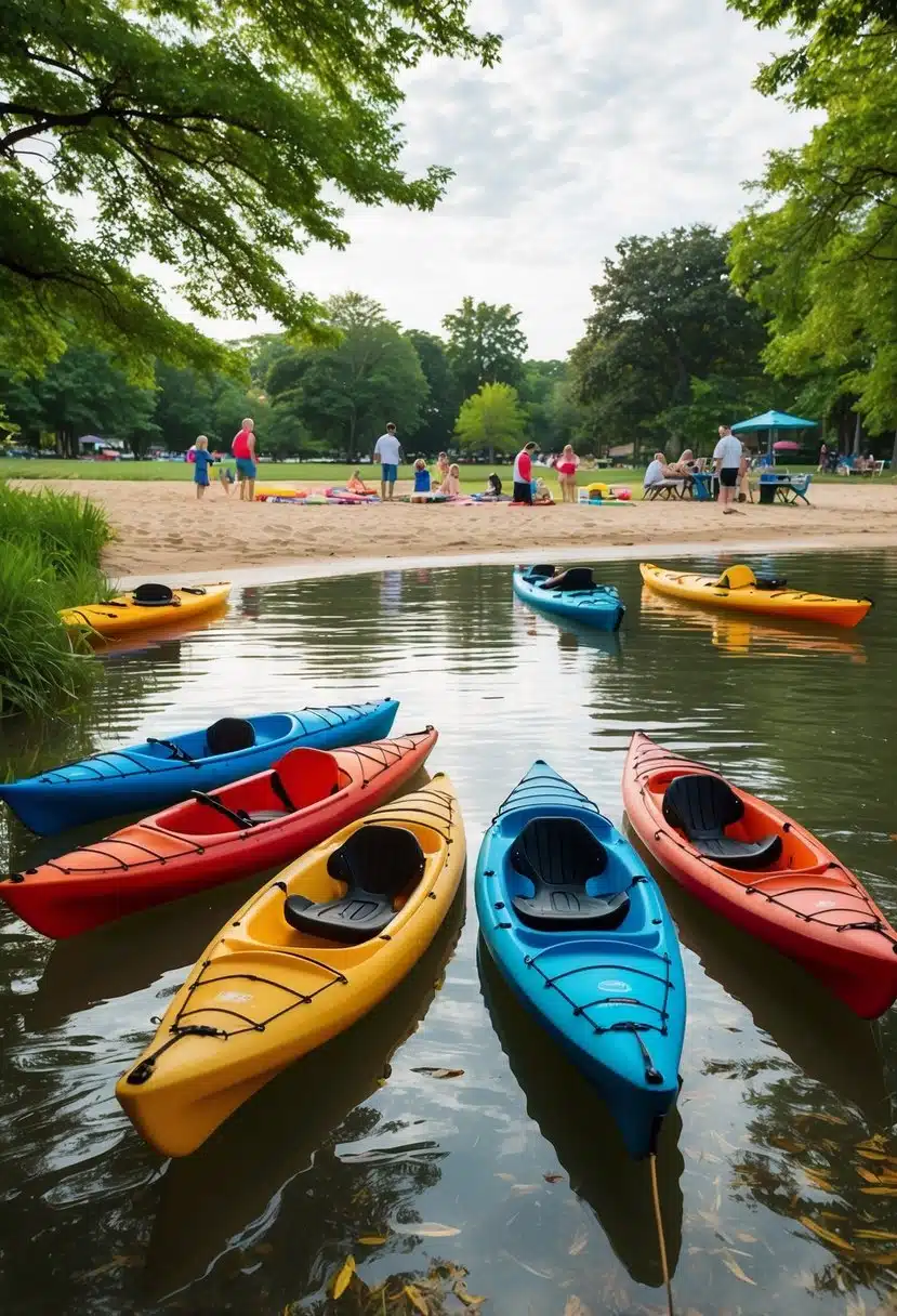 Colorful kayaks on the calm waters of Lori Wilson Park, surrounded by lush greenery and a sandy beach, with families picnicking and playing in the background