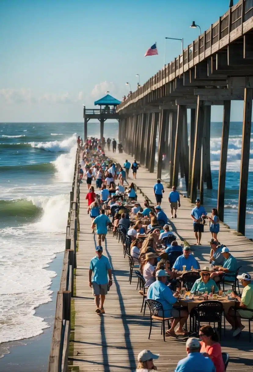 The Cocoa Beach Pier bustling with activity, people fishing, dining, and strolling along the wooden deck, while waves crash against the shore