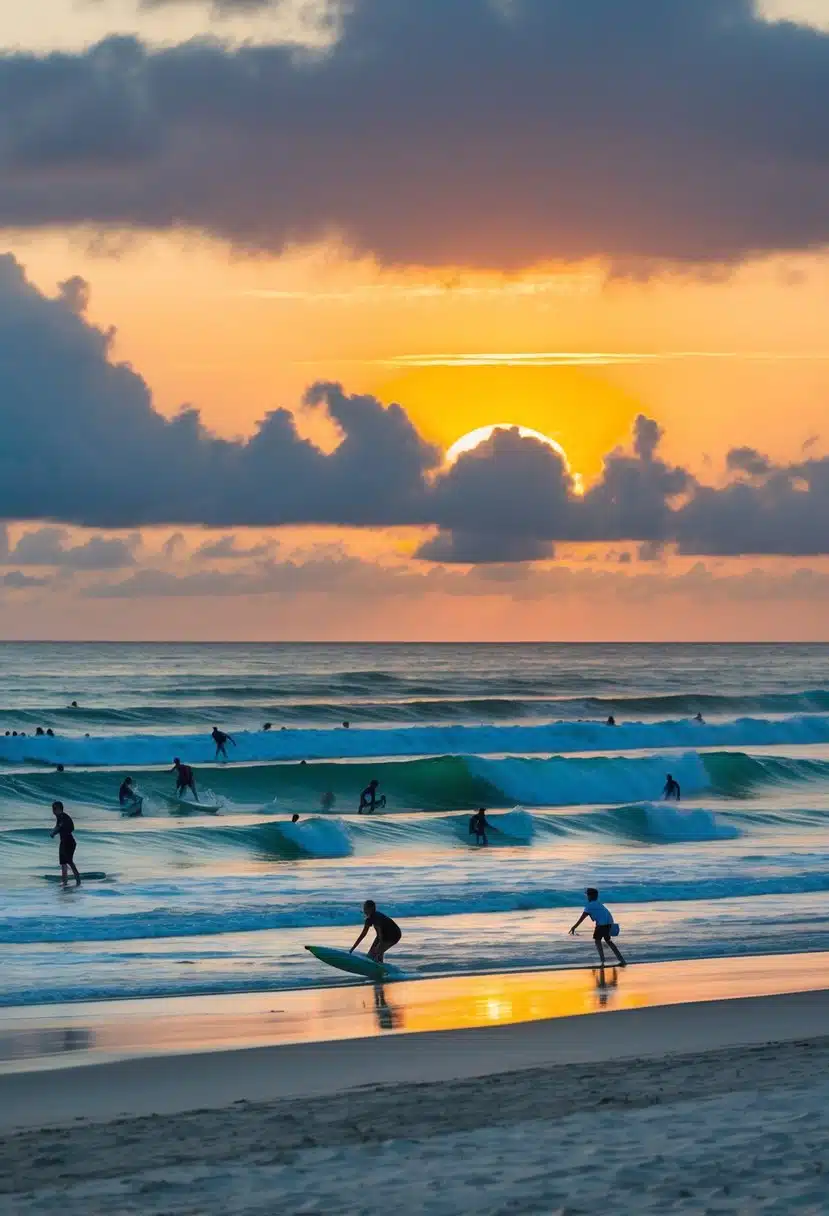 A colorful sunset over Cocoa Beach, with surfers catching waves and families enjoying beach activities