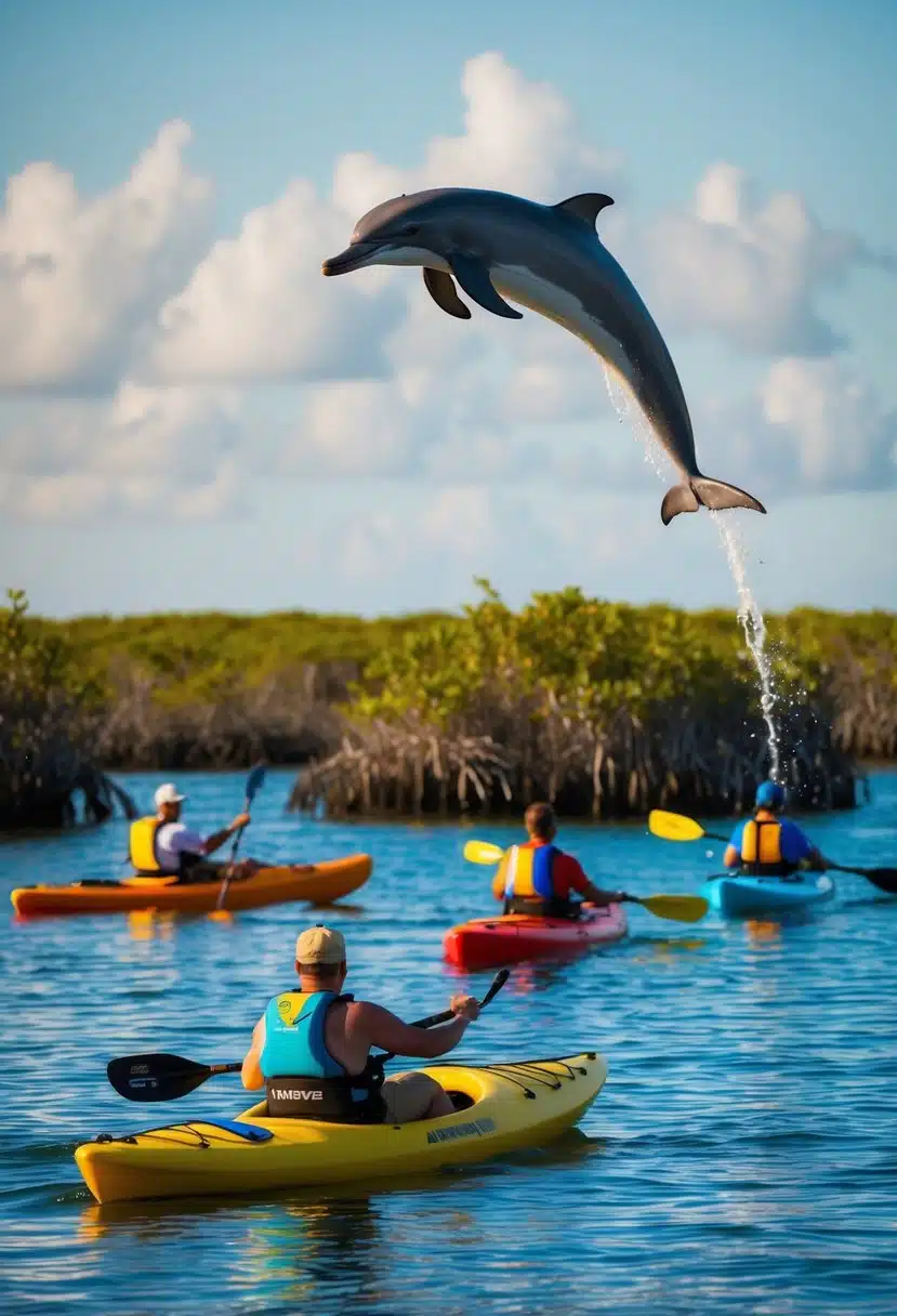 Wildlife Watersports: dolphins leaping in the air, paddleboarders gliding on calm waters, and colorful kayaks exploring the mangroves in Cocoa Beach