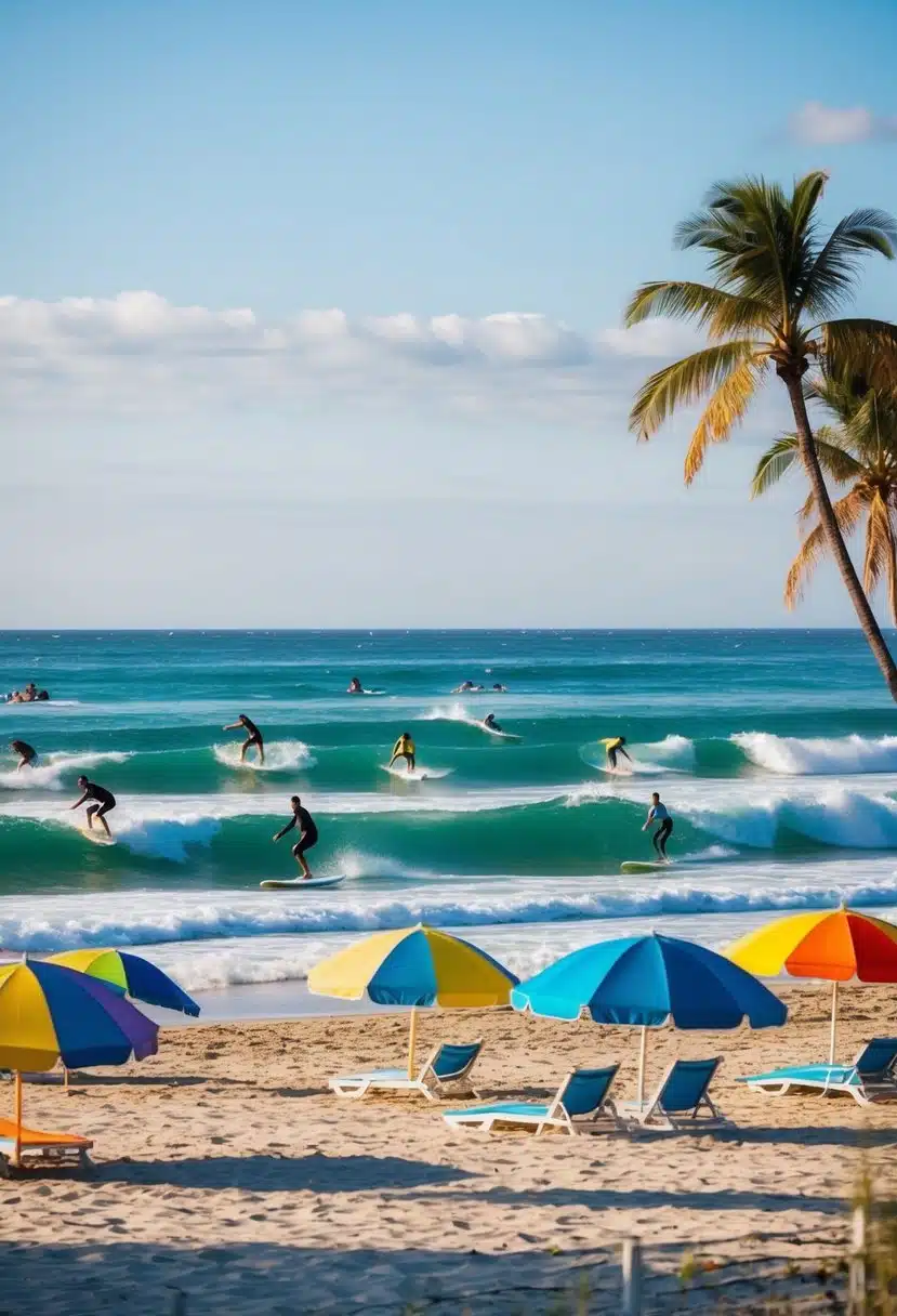 A vibrant beach scene with surfers riding waves, palm trees swaying in the breeze, and colorful beach umbrellas dotting the sandy shore