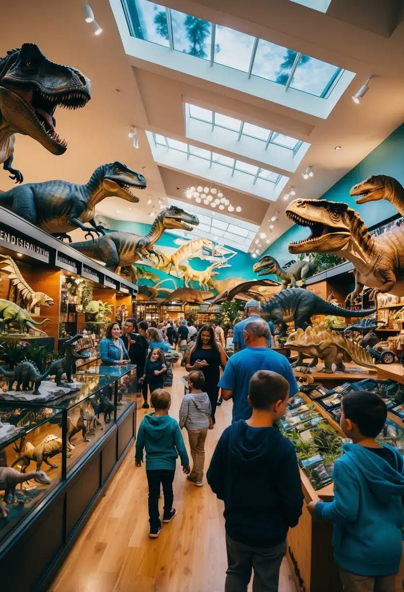 The Dinosaur Store & Museum bustles with visitors exploring lifelike dinosaur exhibits and browsing through a variety of dinosaur-themed merchandise