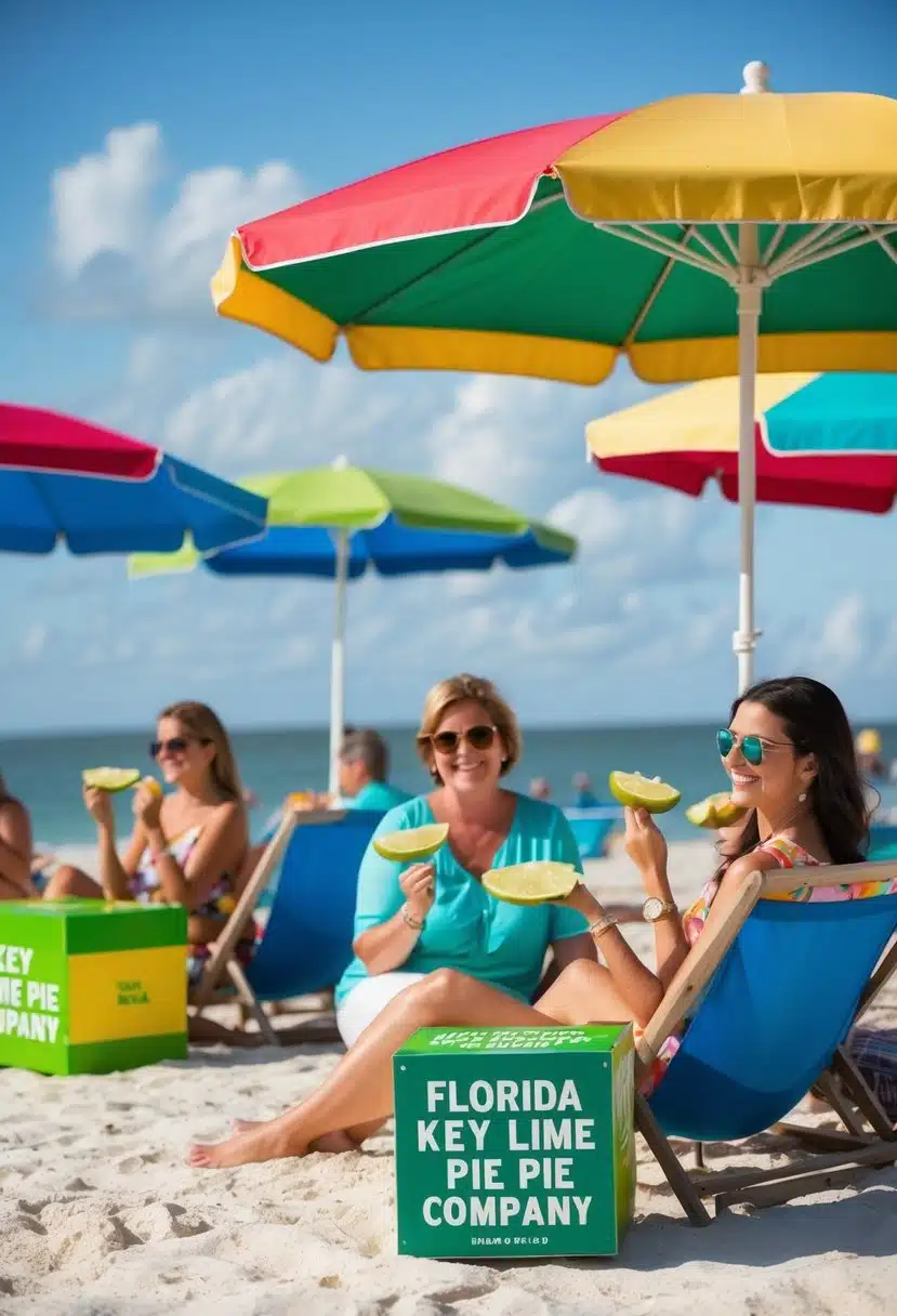 A sunny beach with colorful umbrellas and people enjoying slices of Key Lime Pie from The Florida Key Lime Pie Company