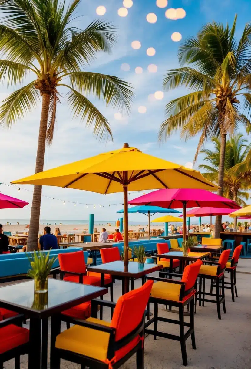 A colorful beachfront bar with palm trees, outdoor seating, and a lively atmosphere
