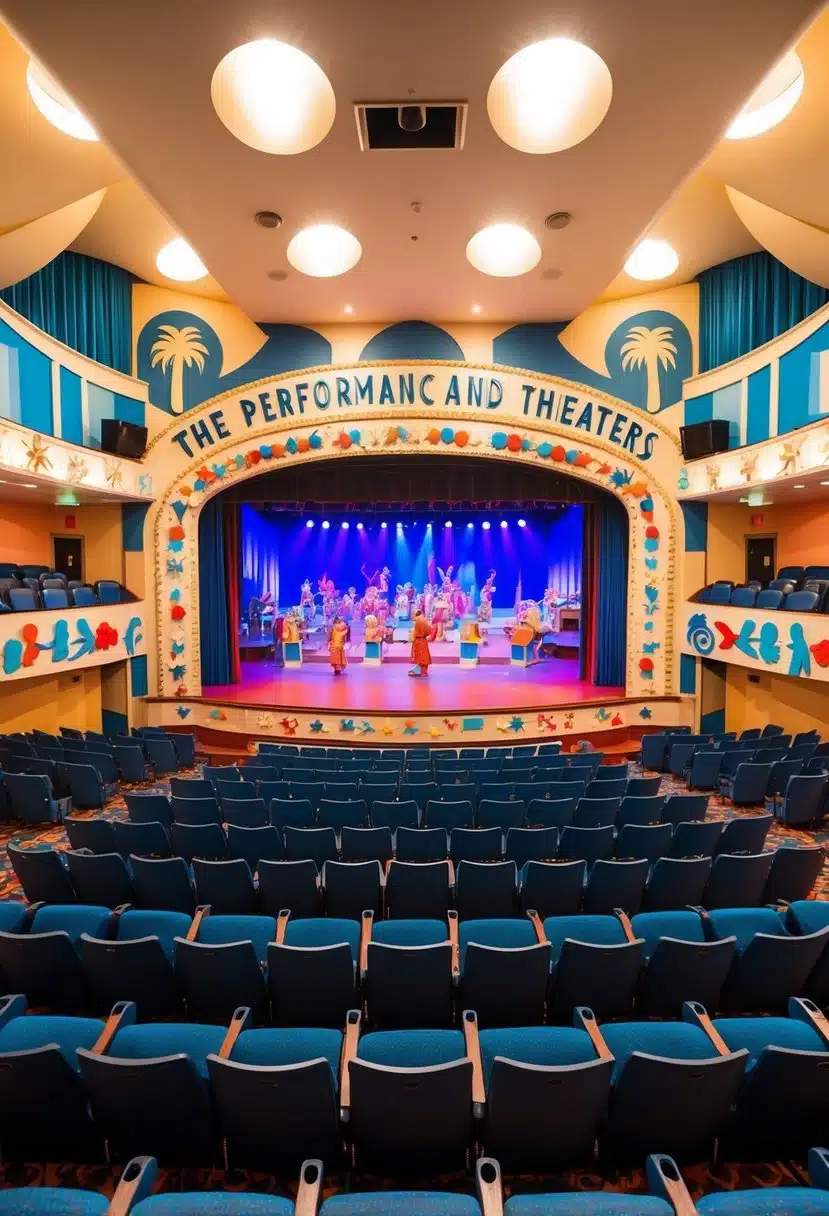 A vibrant theater with beach-themed decor and lively performances