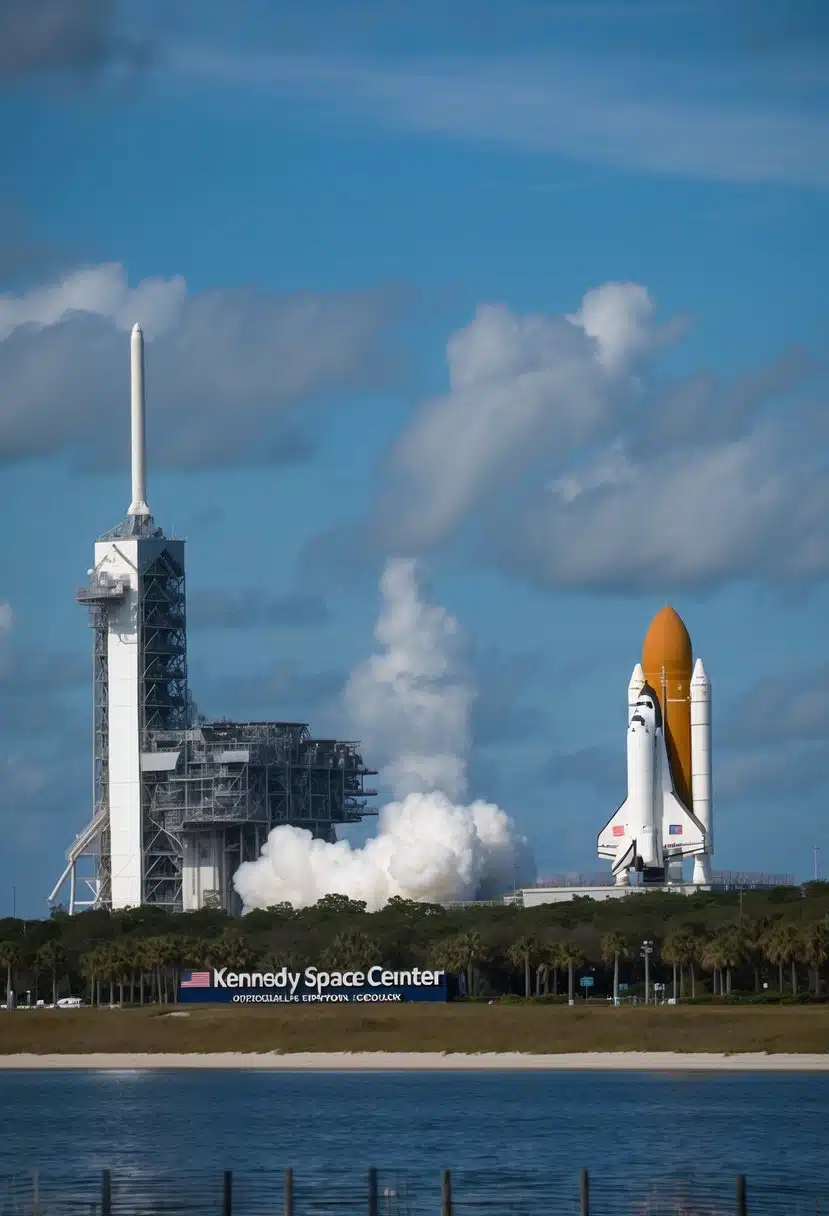 The Kennedy Space Center, with rocket launch pads, visitor center, and space shuttle Atlantis exhibit, located in Cocoa Beach